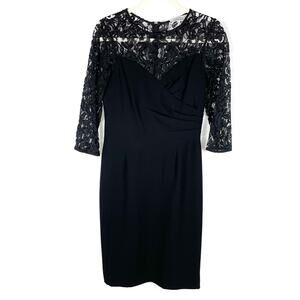 Teri Jon Sheath Dress Black Lace Upper Shirred Waist 3/4 Sleeve Sz 4 Cocktail‎